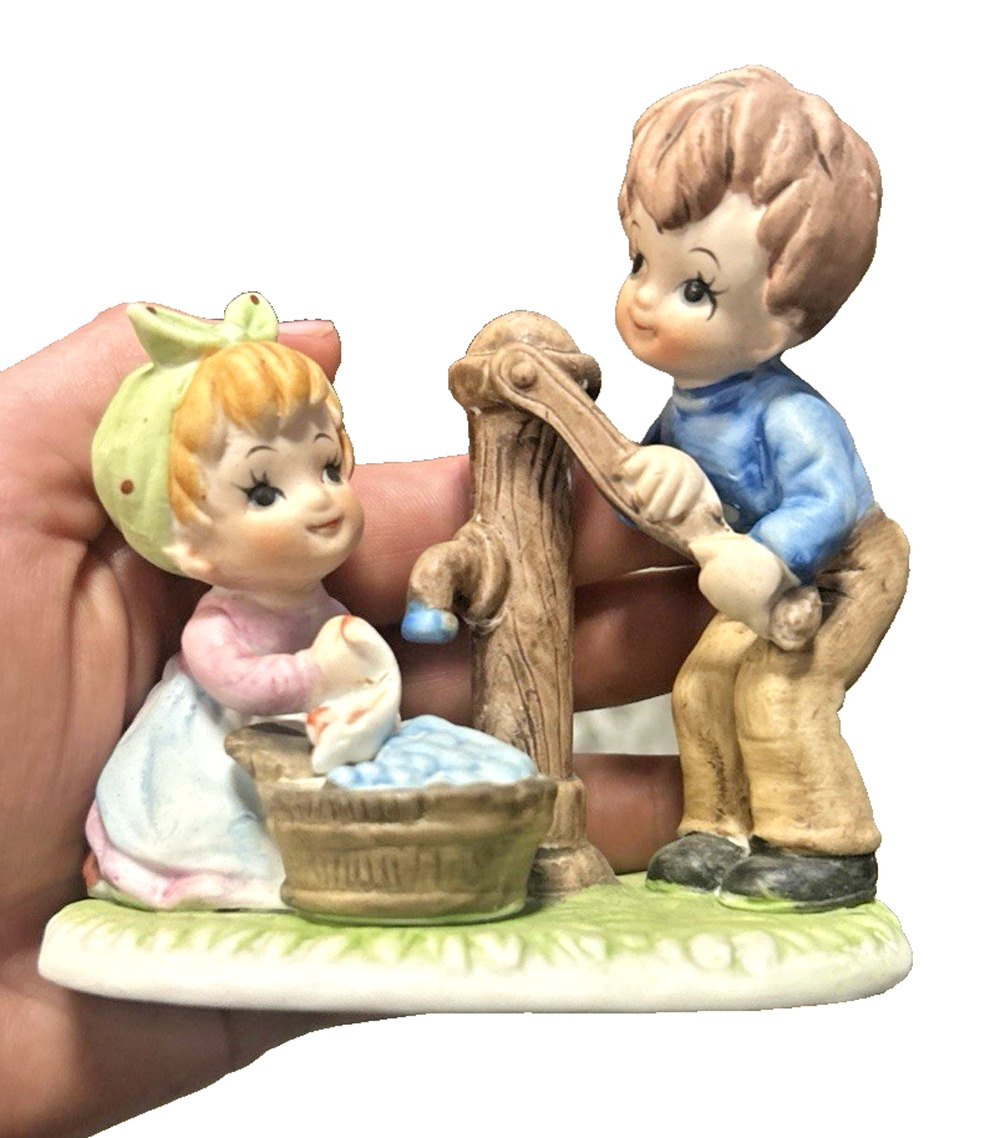 Vintage Homco Ceramic Figurine Boy & Girl at Water Pump Hand Painted Multicolor